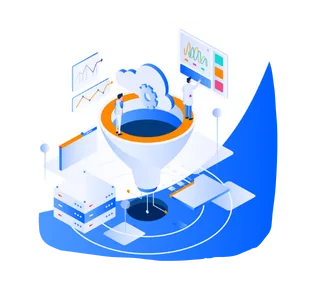 Illustration of data processing funnel with analytics and insights