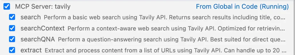 Tools supported by Tavily MCP server