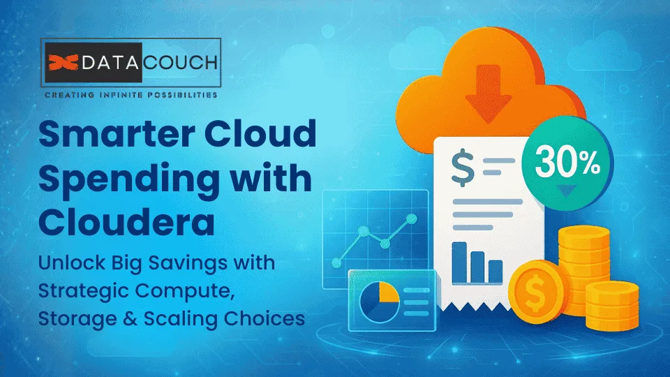 Futuristic cloud cost optimization banner showing Cloudera savings, cloud icons, analytics charts, and a 30% cost reduction indicator.
