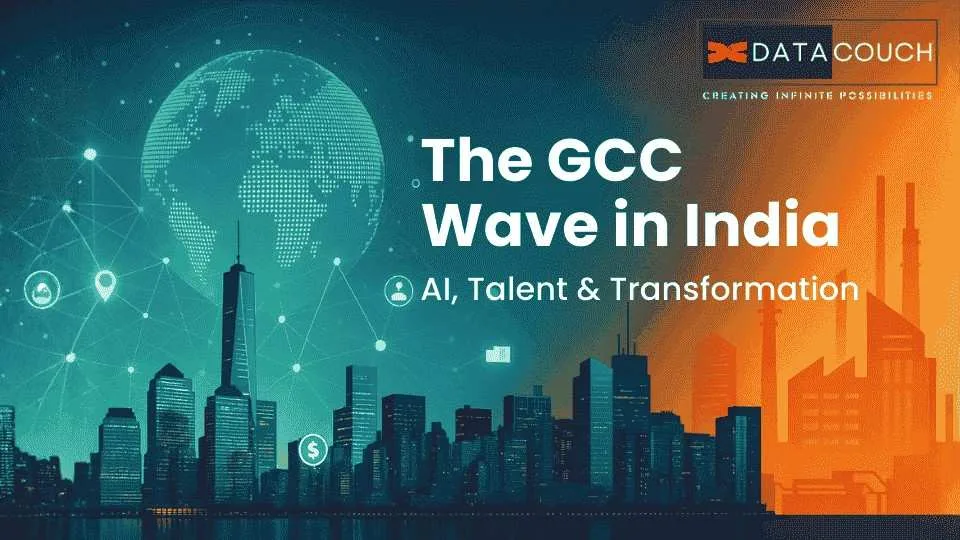 Cover image showing India's GCC wave with focus on AI, talent, and digital transformation, featuring global network and skyline graphics.