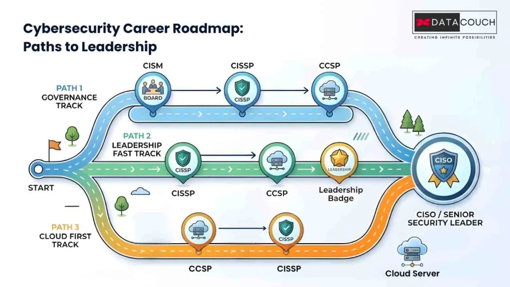 Cybersecurity career roadmap infographic showing CISSP, CCSP, and CISM paths to CISO role
